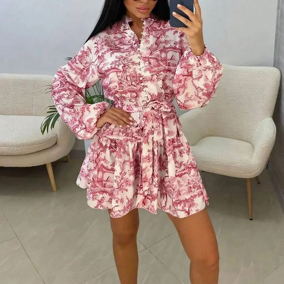 Red Boho Women's Elegant Random Print Long Sleeve Tie-Waist Loose Fit Midi Dress - Picture 7 of 7